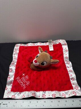 My First Rudolph Red Plush Lovey Blanket With Satin Trim - Baby Gift